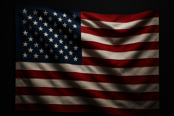 American Flag on a dark black background covering 95% of the image. Make it vibrant with colors and a light black overlay to dim it